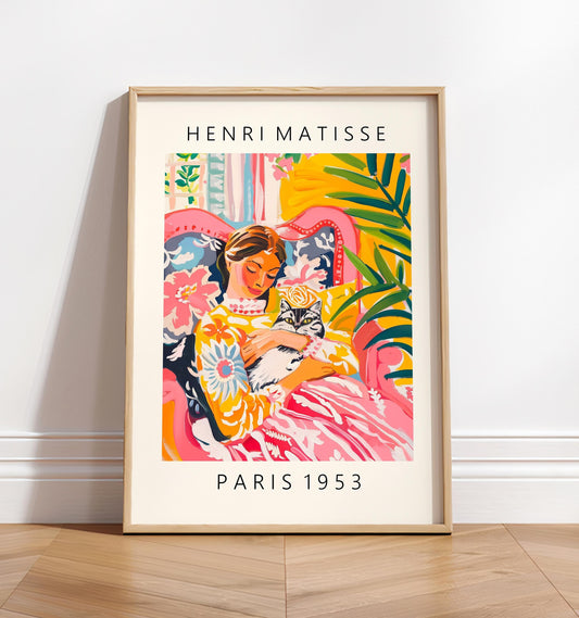 Woman holding a cat, Pink Matisse wall art, Dopamine decor, Mid century decor, Pink tropical art