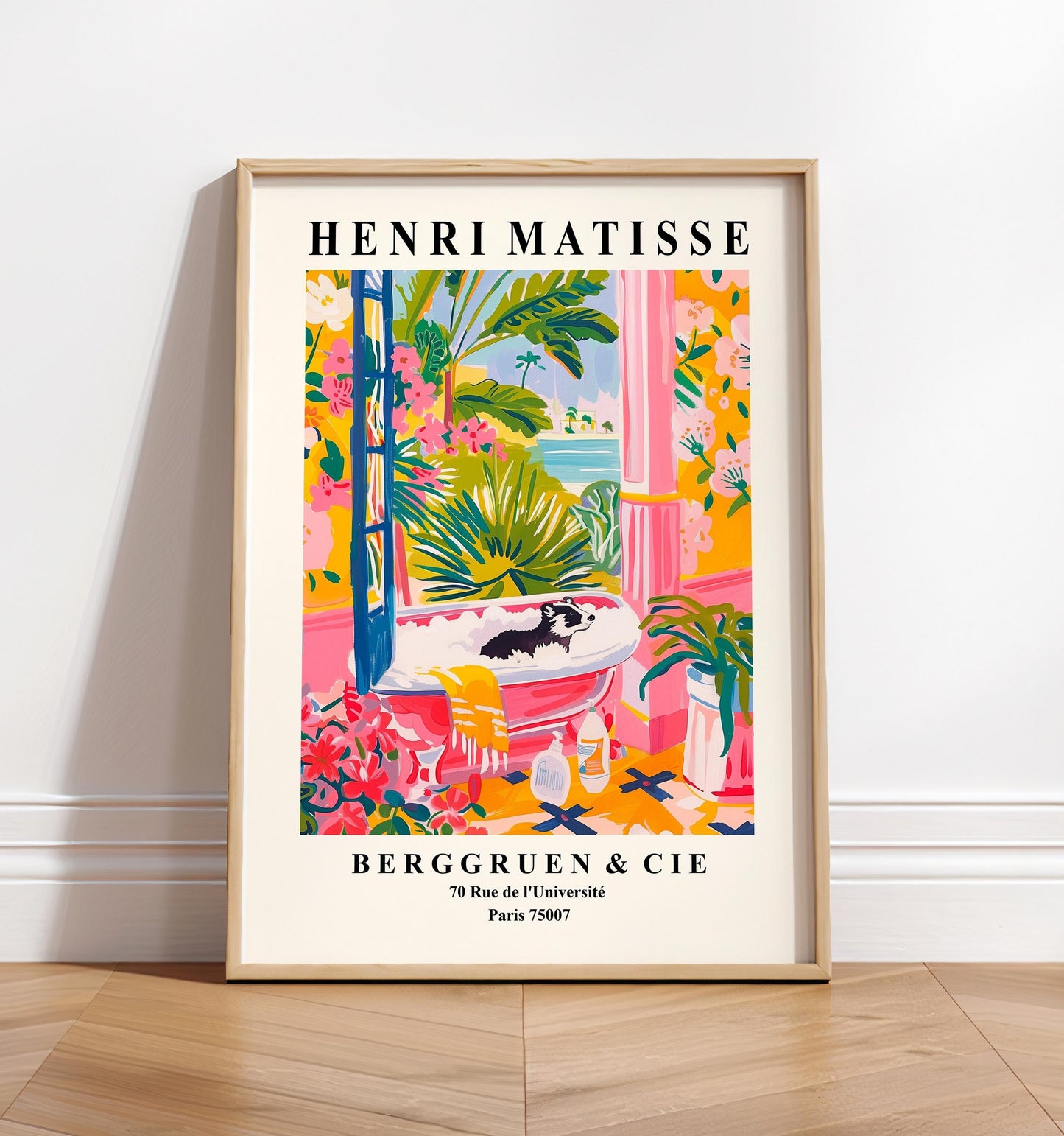 Badger in bathtub, Matisse print, Bathroom decor, Animal poster, Pink wall art, Midcentury poster