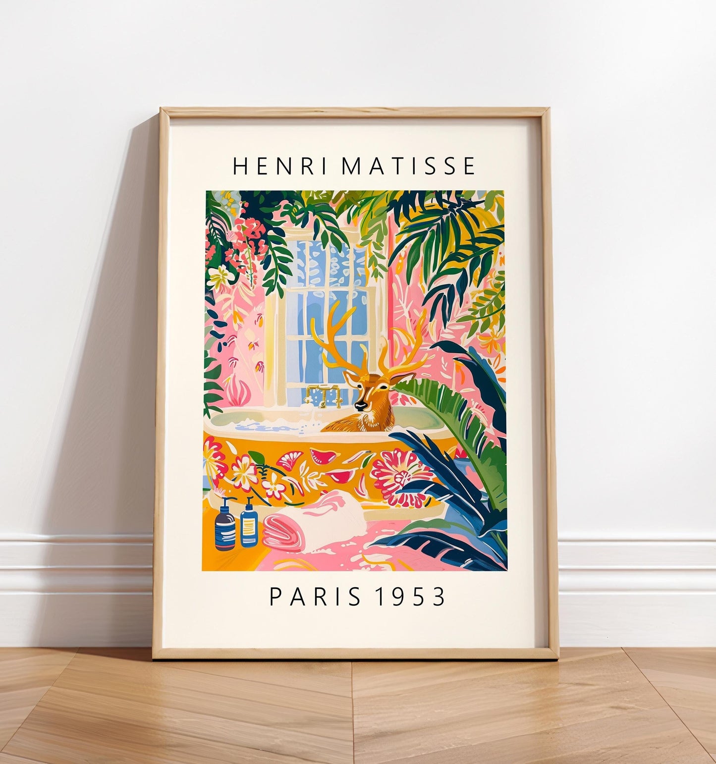 Deer in Bathtub Art Print: Maximalist Matisse Style Bathroom Wall Art