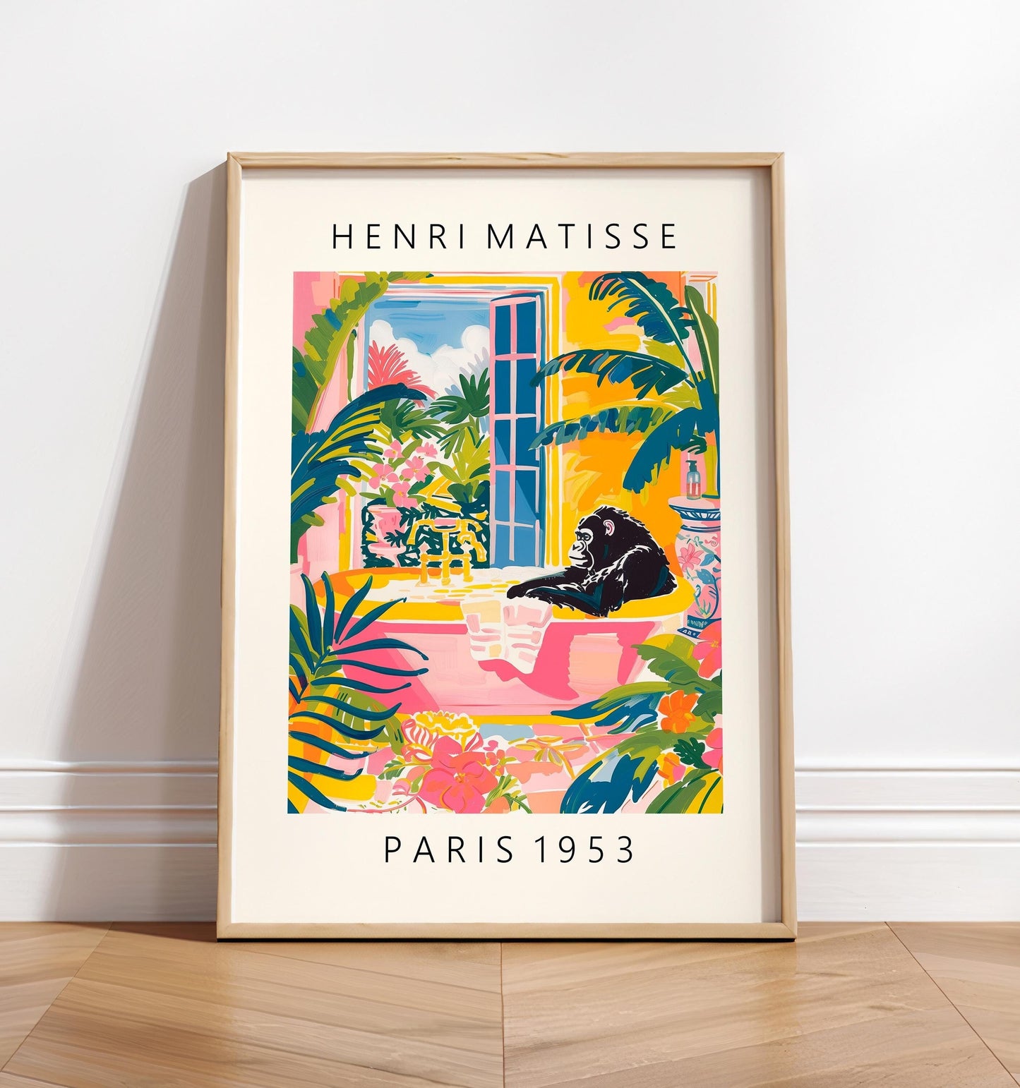Gorilla in bathtub pink poster, Dopamine decor, Matisse style maximalist print, Tropical wall art