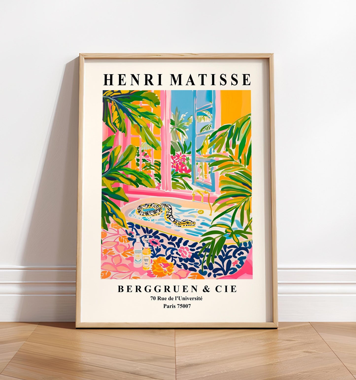 Snake in bathtub poster, Matisse print, Dopamine decor, Pink tropical bathroom art