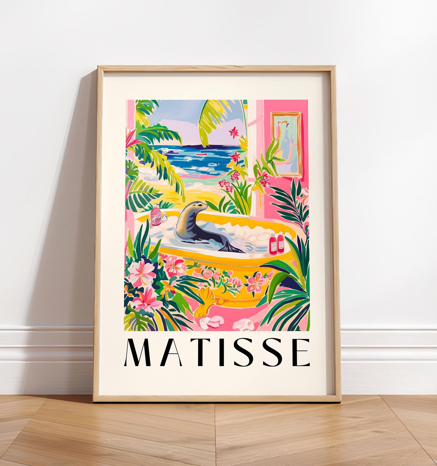 Sea Lion in Bathtub Art Print: Tropical Matisse Style Bathroom Art