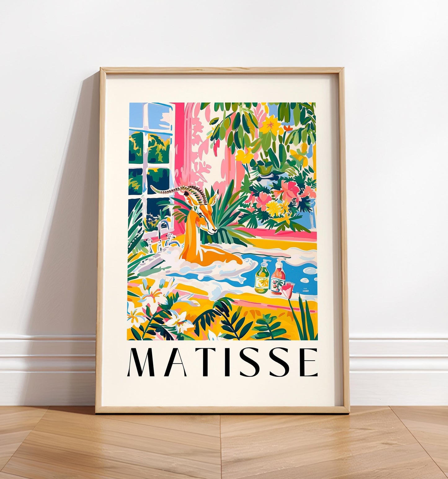 Gazelle in bathtub funny print, Bathroom decor, Safari art, Pink wall art, Matisse poster, Animal print