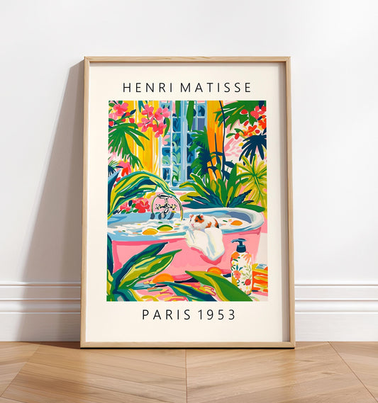 Hamster in Bathtub Art Print: Tropical Bathroom Decor in Matisse Style