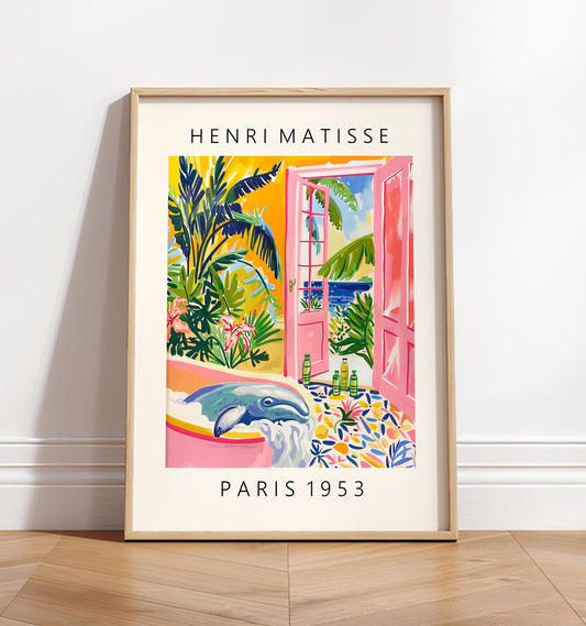 Beluga whale in bathtub, Matisse poster, Bathroom decor, Nautical poster, Pink wall art, Midcentury poster