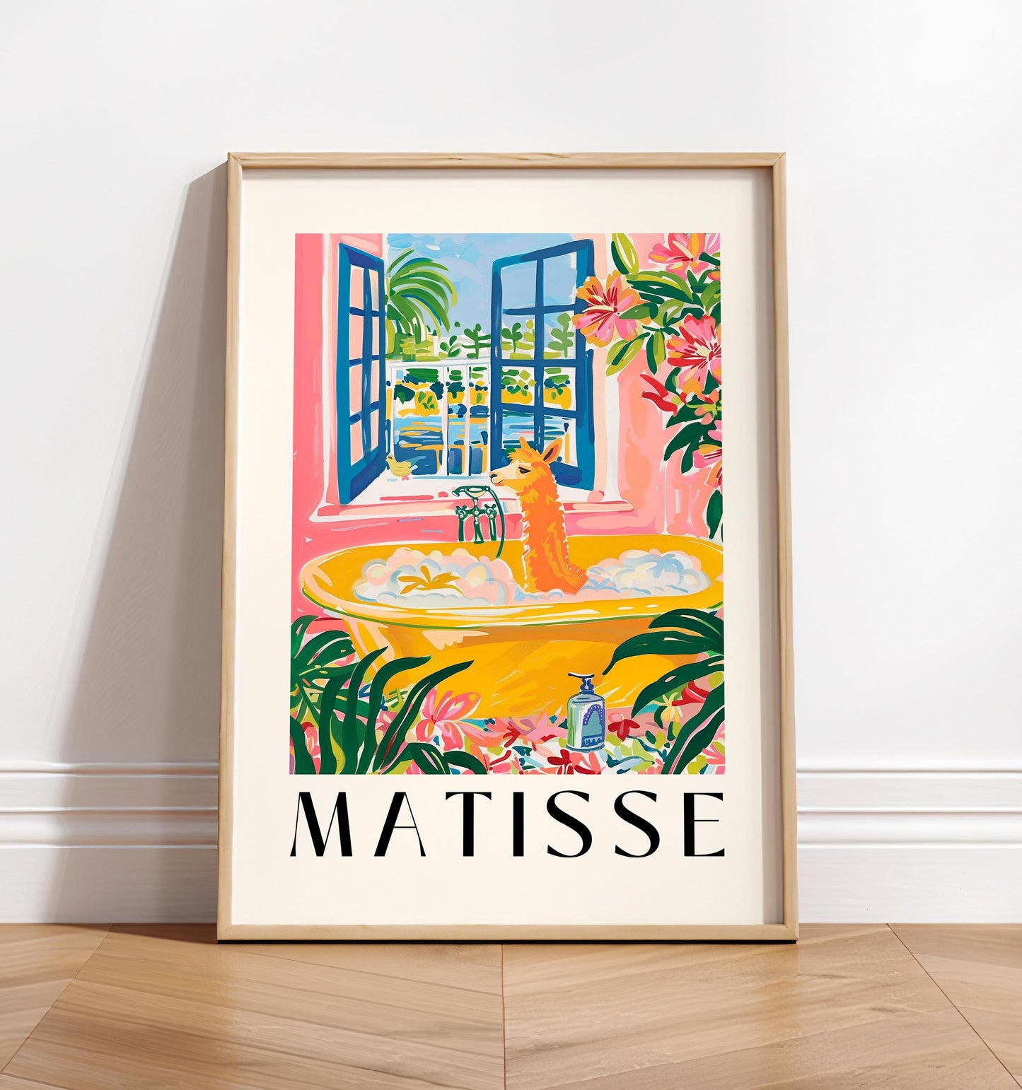 Matisse art print, Alpaca in bathtub, Bathroom decor, Animal wall art, Pink midcentury print, Tropical poster