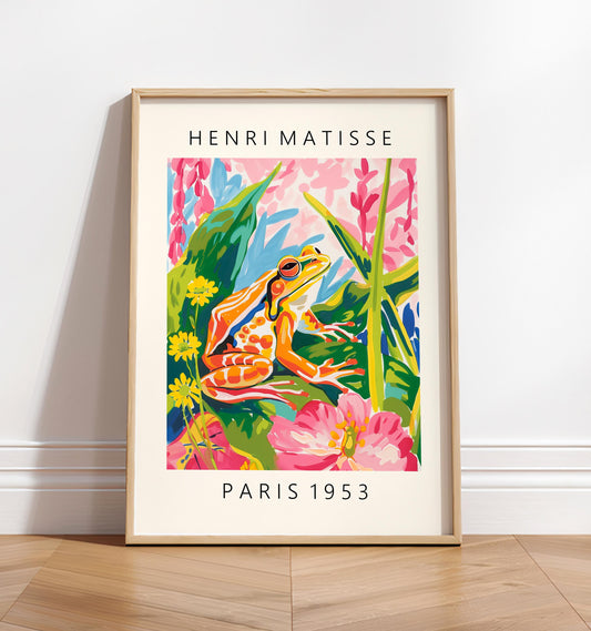 Maximalist wall art, Frog poster, Pink tropical decor, Mid century modern print, Matisse art