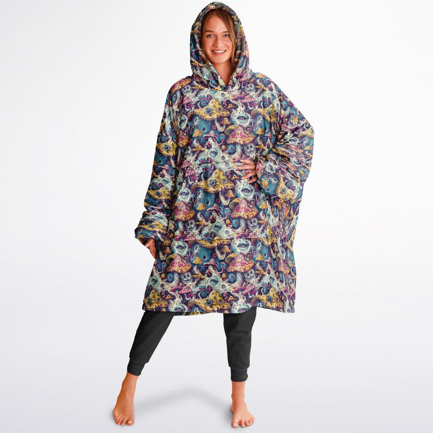 Psychedelic Trippy  Magic Mushrooms Reversible Snug Hoodie, Pullover Hood Blanket Sleeves, Lounge Wear, Novelty Birthday Christmas Gifts