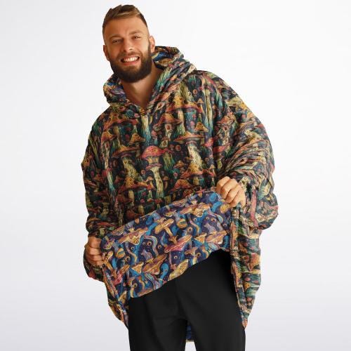Psychedelic Trippy  Magic Mushrooms Reversible Snug Hoodie, Pullover Hood Blanket Sleeves, Lounge Wear,Fun Christmas Gifts, Festival Clothes
