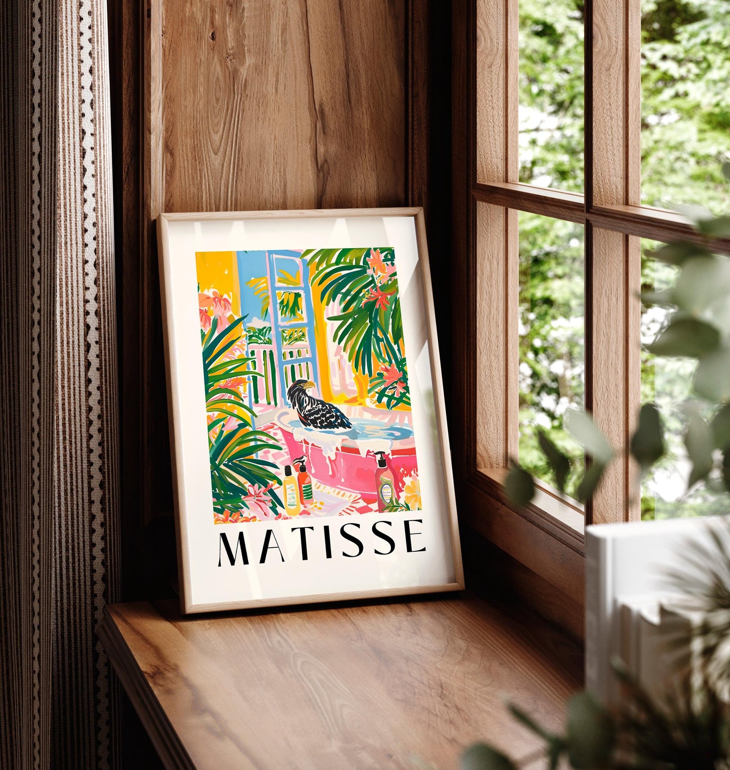 Eagle in Bathtub Art Print: Pink Maximalist Bathroom Wall Decor