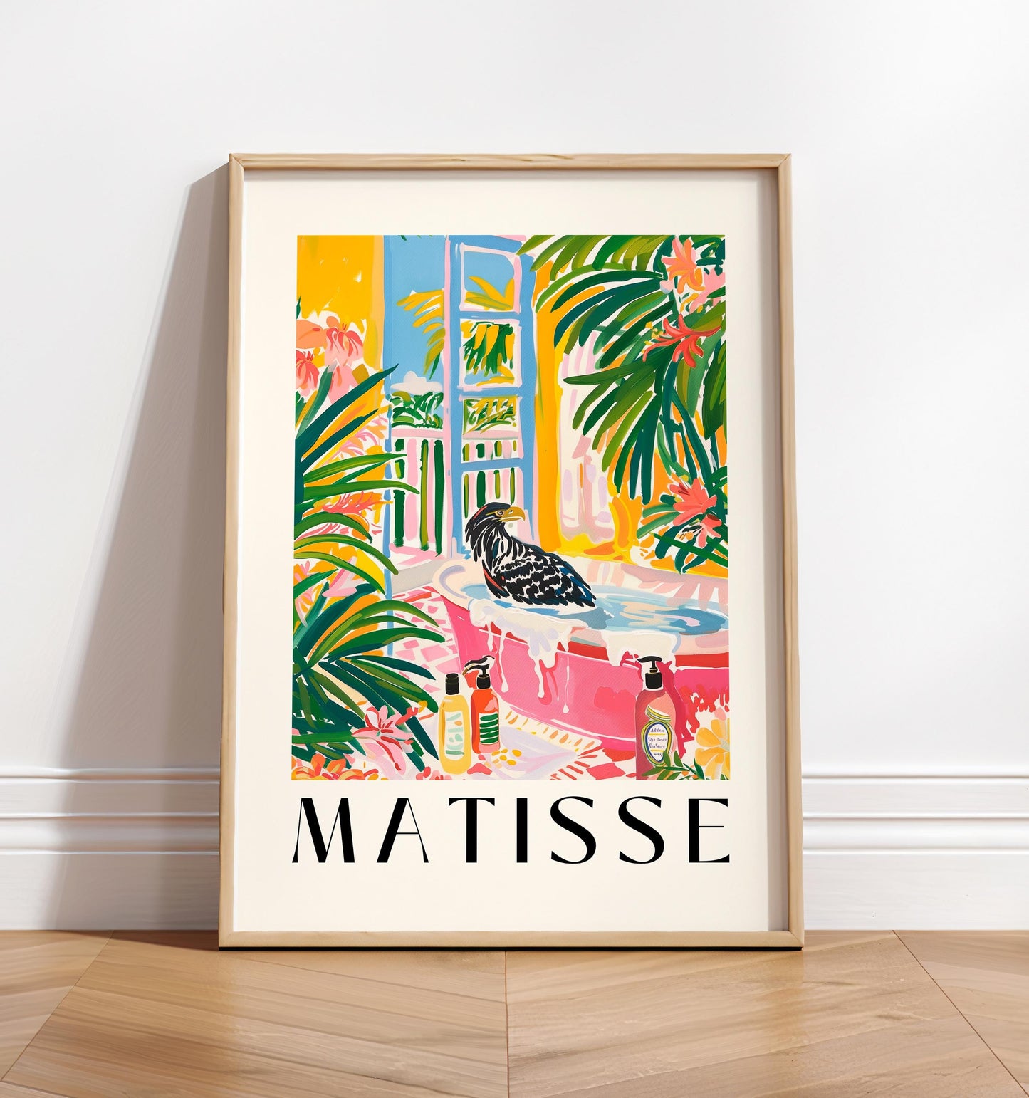 Eagle in Bathtub Art Print: Pink Maximalist Bathroom Wall Decor