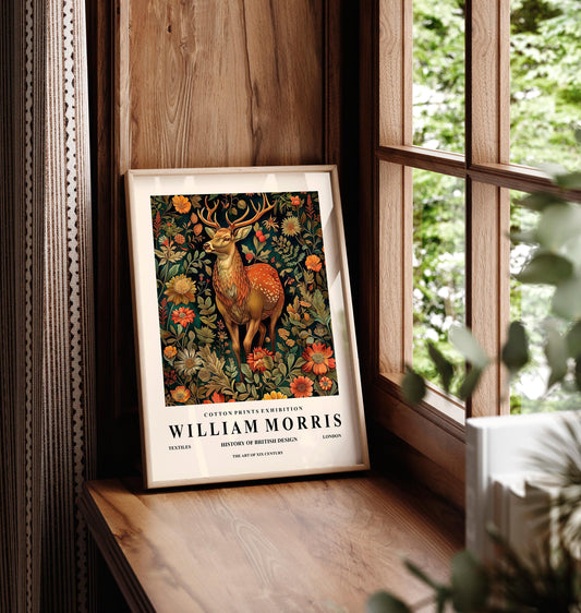 Deer Art Print: William Morris Style, Botanical Forest Animal Wall Art