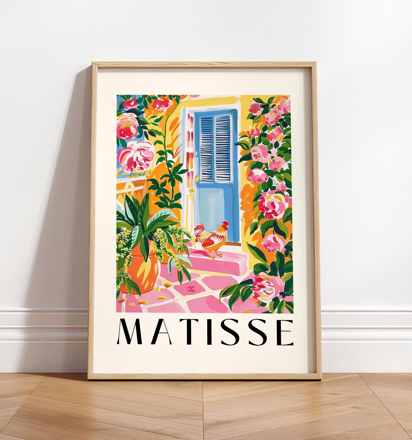 Pink farmhouse decor, Chicken art print, Tropical cowgirl poster, Hen poster, Mid century farm wall art