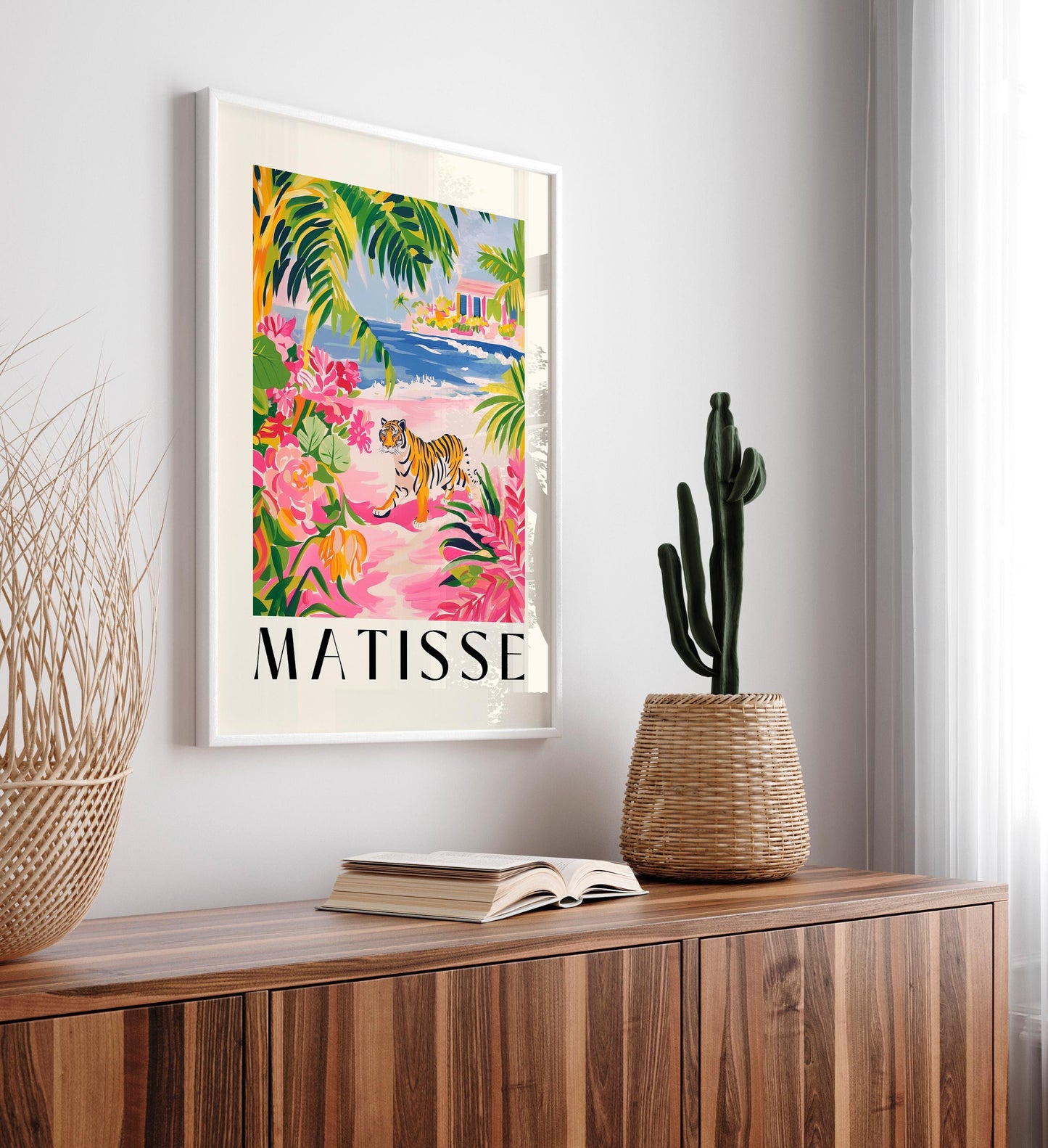Pink Tiger Art Print: Beachy Matisse Style Wall Art