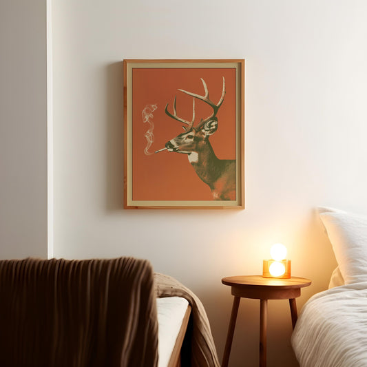 Buck Smoking a Cigarette Vintage Poster Art Funny Whitetail Deer Retro Whimsical Print Cabin Wall Decor Outdoor Sports Hunter Illustration