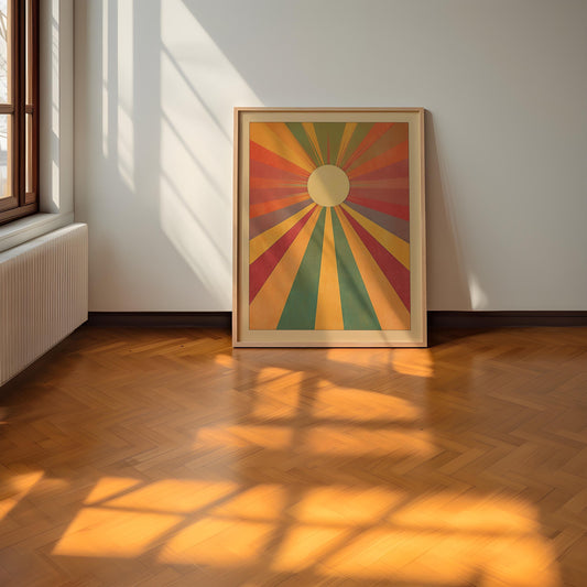 Vintage Boho Sun Poster Rainbow Sun Art Print Art Deco Style Folk Art Illustration Spiritual Print Wall Art Earth Tones Bedroom Decor