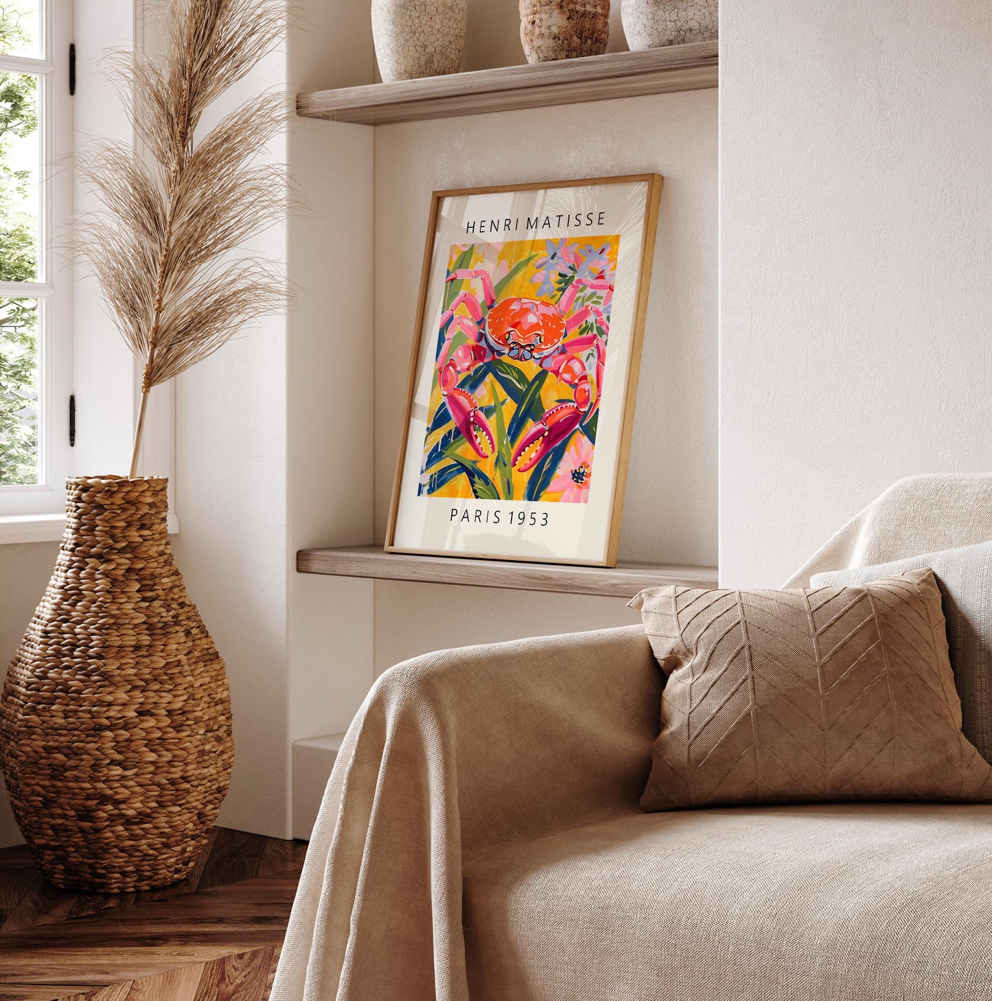 Matisse Style Crab Print: Pink Beachy Coastal Wall Art