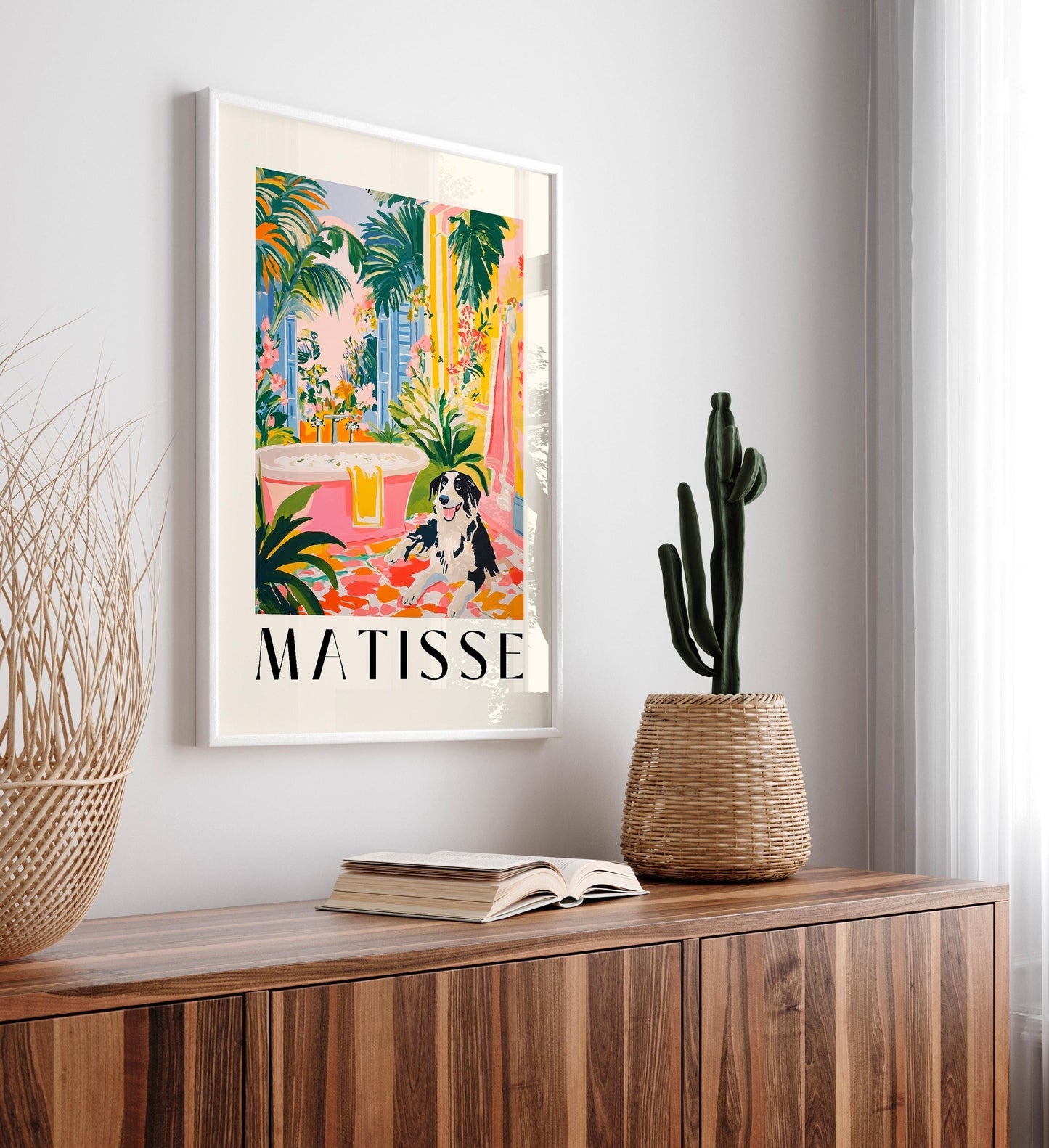 Matisse Style Border Collie Bathroom Art Print: Tropical Maximalist Decor