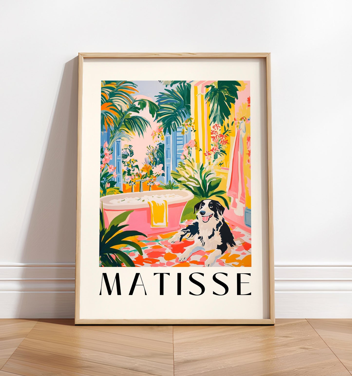 Matisse Style Border Collie Bathroom Art Print: Tropical Maximalist Decor