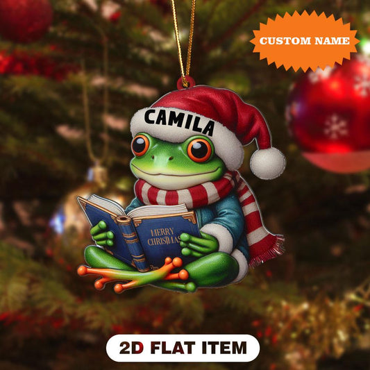 Personalized Frog Reading Book Christmas Ornament, Frog Xmas Ornament, Christmas Tree Decor, Christmas Gift, Gift For Frog Lover