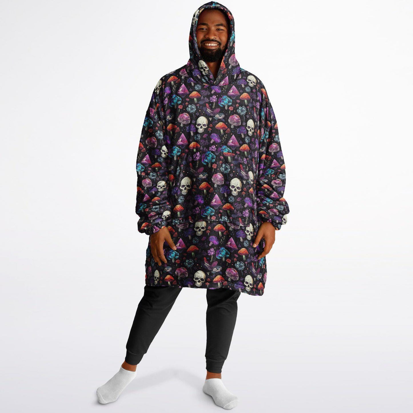 Psychedelic Trippy Horror Halloween Reversible Snug Hoodie,All Over Print Skulls Pullover Hooded Blanket Sleeves,Lounge Wear,Christmas Gift