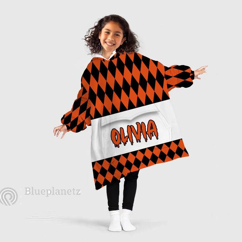 Personalized Wearable Hoodies Blanket, Custom Name Halloween Pattern Hoodie Blanket, Custom Happy Halloween Orange Oversized Blanket, Gift