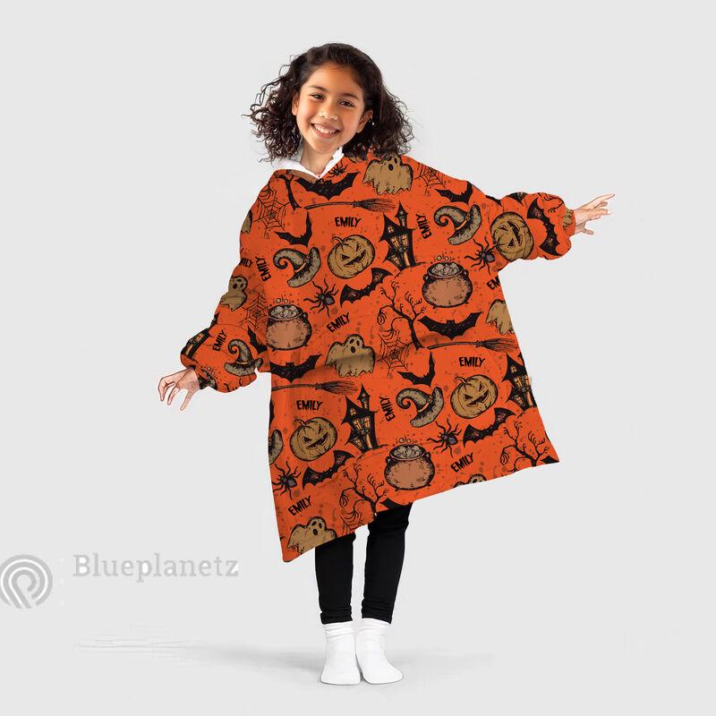 Personalized Wearable Hoodies Blanket, Custom Name Halloween Icons Hoodie Blanket, Custom Ghost Bat Pumpkin Oversized Blanket, Gift