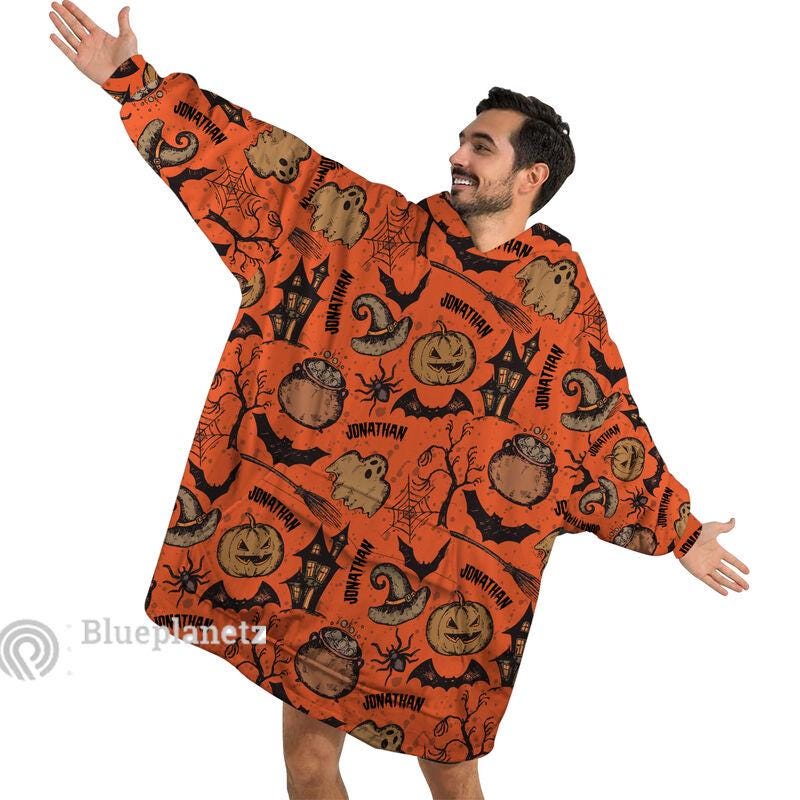 Personalized Wearable Hoodies Blanket, Custom Name Halloween Icons Hoodie Blanket, Custom Ghost Bat Pumpkin Oversized Blanket, Gift