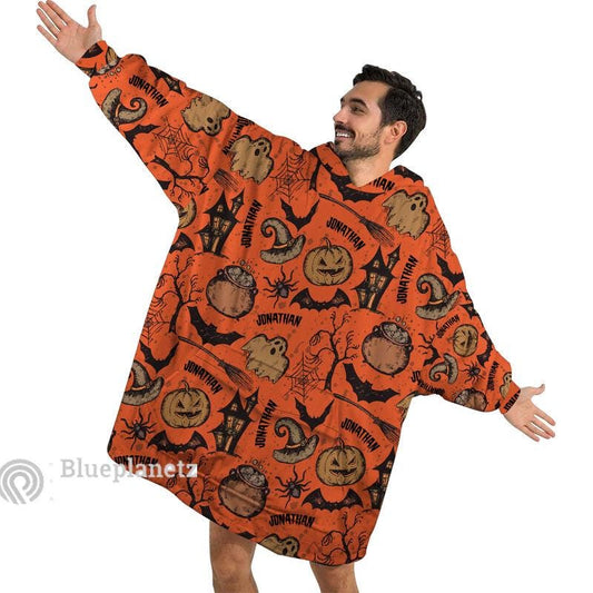 Personalized Wearable Hoodies Blanket, Custom Name Halloween Icons Hoodie Blanket, Custom Ghost Bat Pumpkin Oversized Blanket, Gift