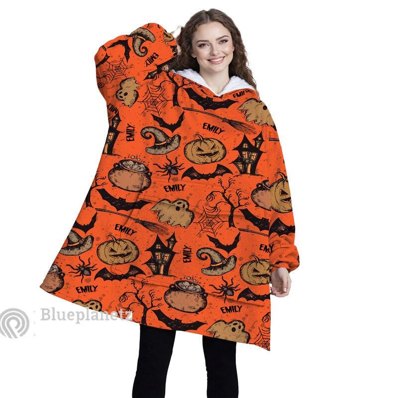 Personalized Wearable Hoodies Blanket, Custom Name Halloween Icons Hoodie Blanket, Custom Ghost Bat Pumpkin Oversized Blanket, Gift