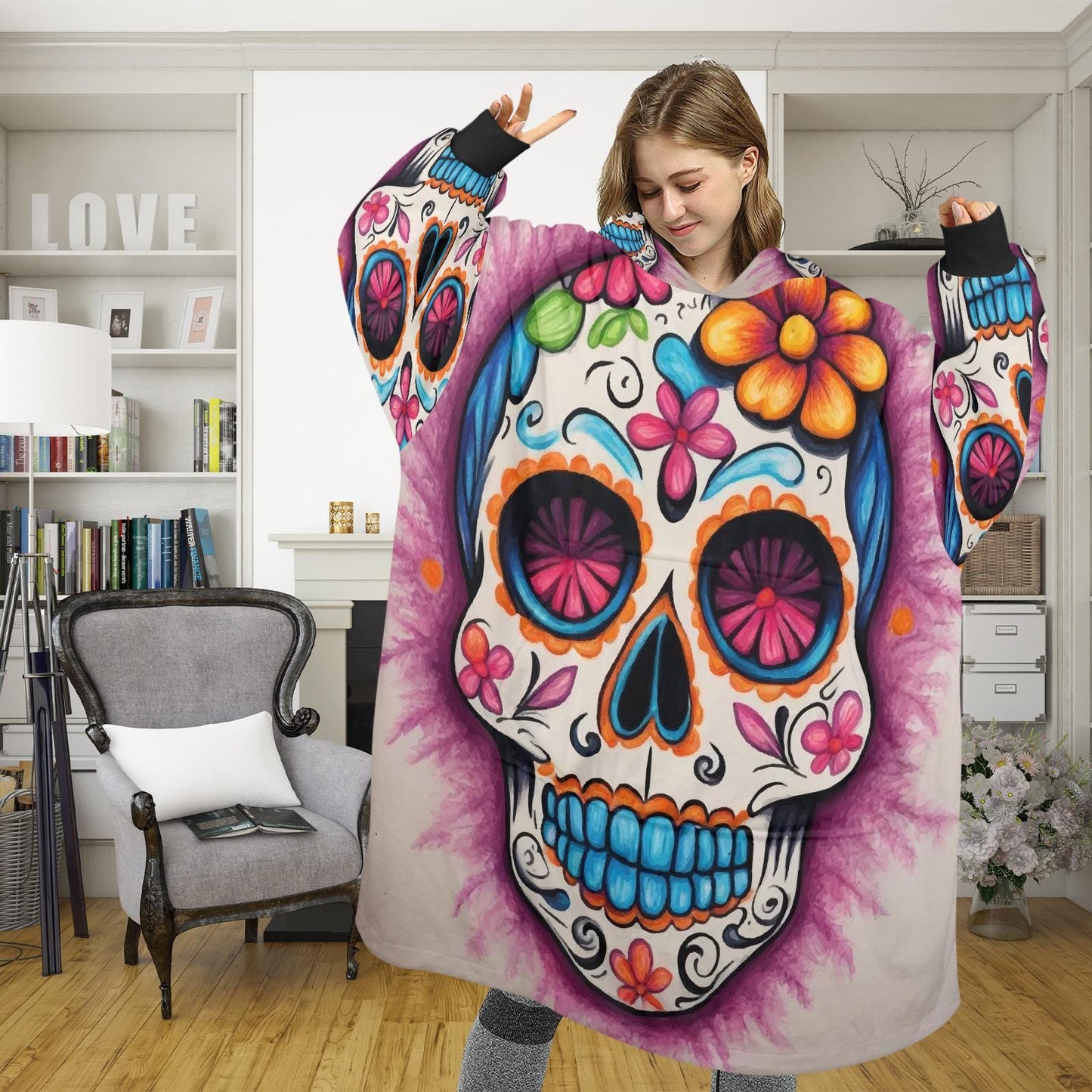 Sugar Skull Blanket Hoodie Día De Los Muertos Chicano Personalized Blanket