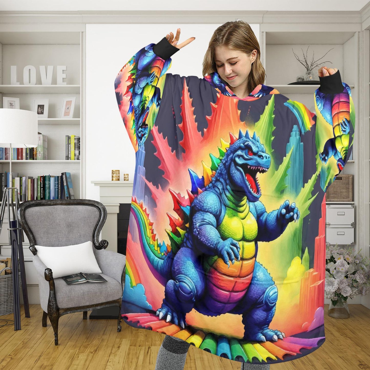 Retro Godzilla Blanket Hoodie Rainbow Kaiju Art Personalized