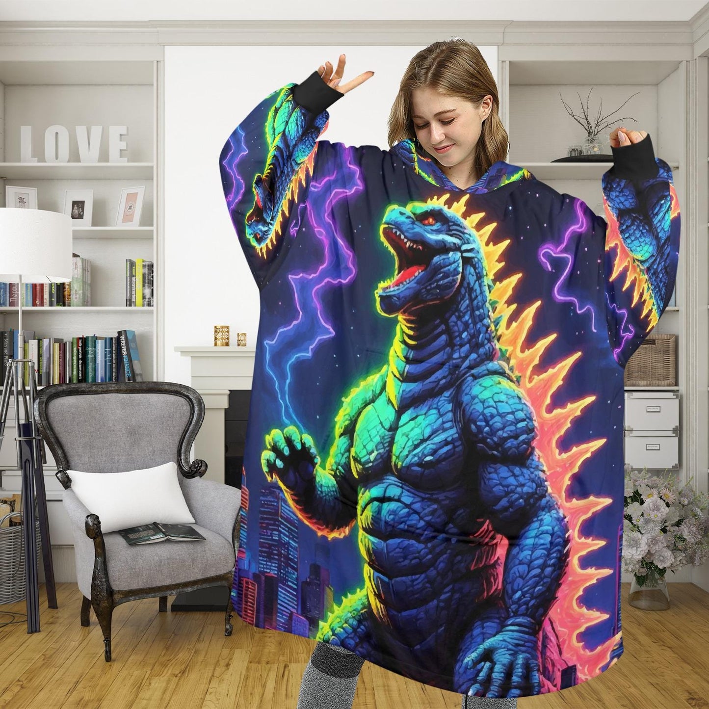 Godzilla Blanket Hoodie Retro Kaiju Neon Art Personalized Fleece