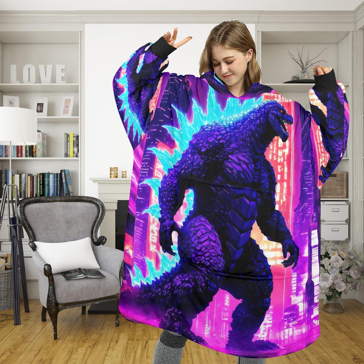Godzilla Blanket Hoodie Retro Kaiju Neon Art Personalized