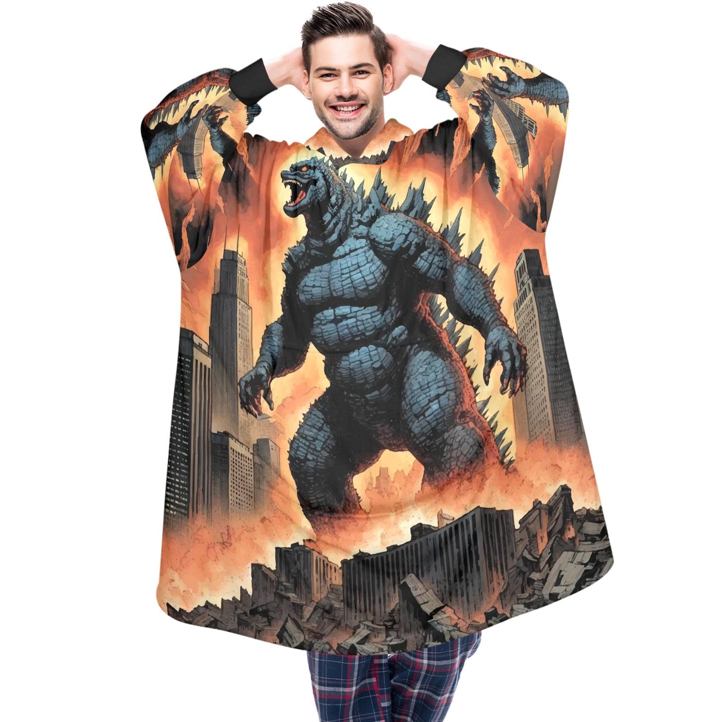 Godzilla Blanket Hoodie Retro Kaiju Neon Art Personalized