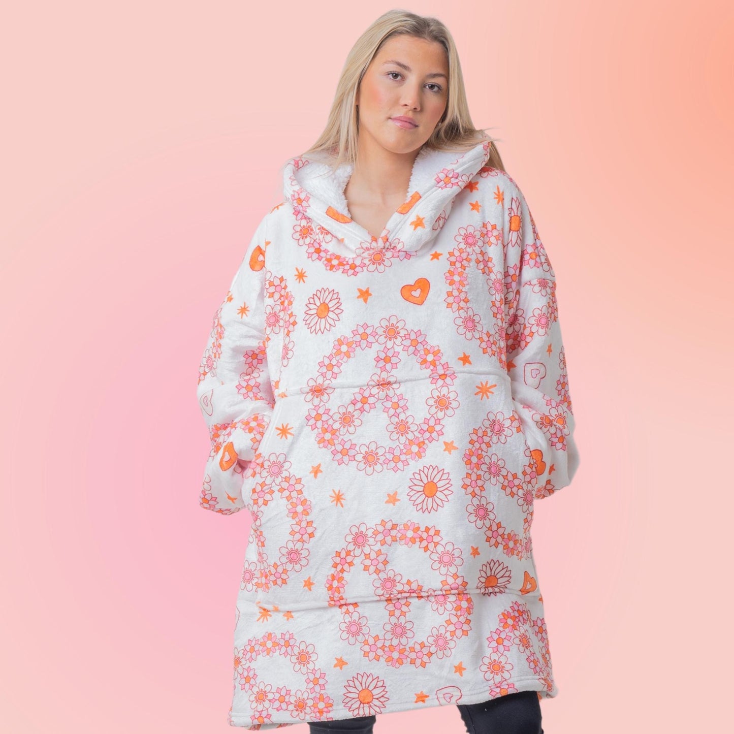 Peace Sign Flower Bohemian Hoodie Blanket Oversized Thick Sherpa Hoodie Snugclub One Size