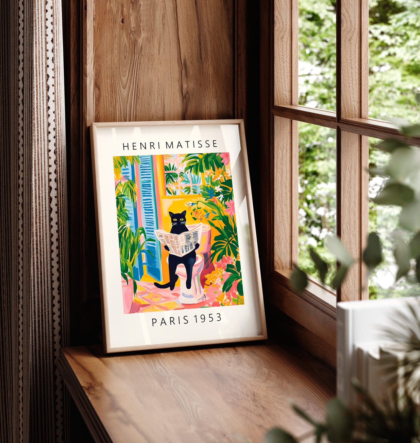 Black Cat on Toilet: Mattise Style Bathroom Print, Funny Tropical Decor