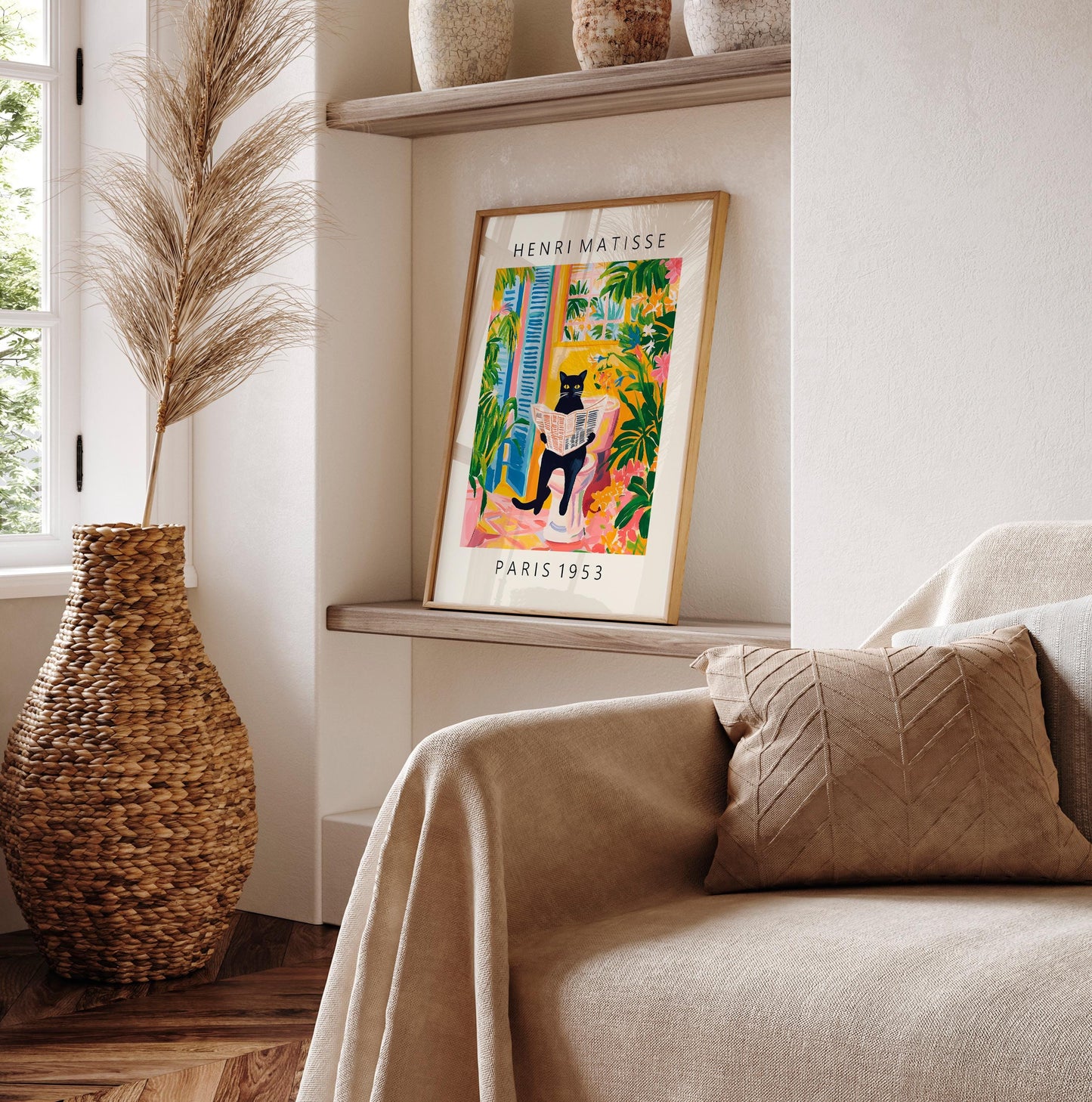 Black Cat on Toilet: Mattise Style Bathroom Print, Funny Tropical Decor