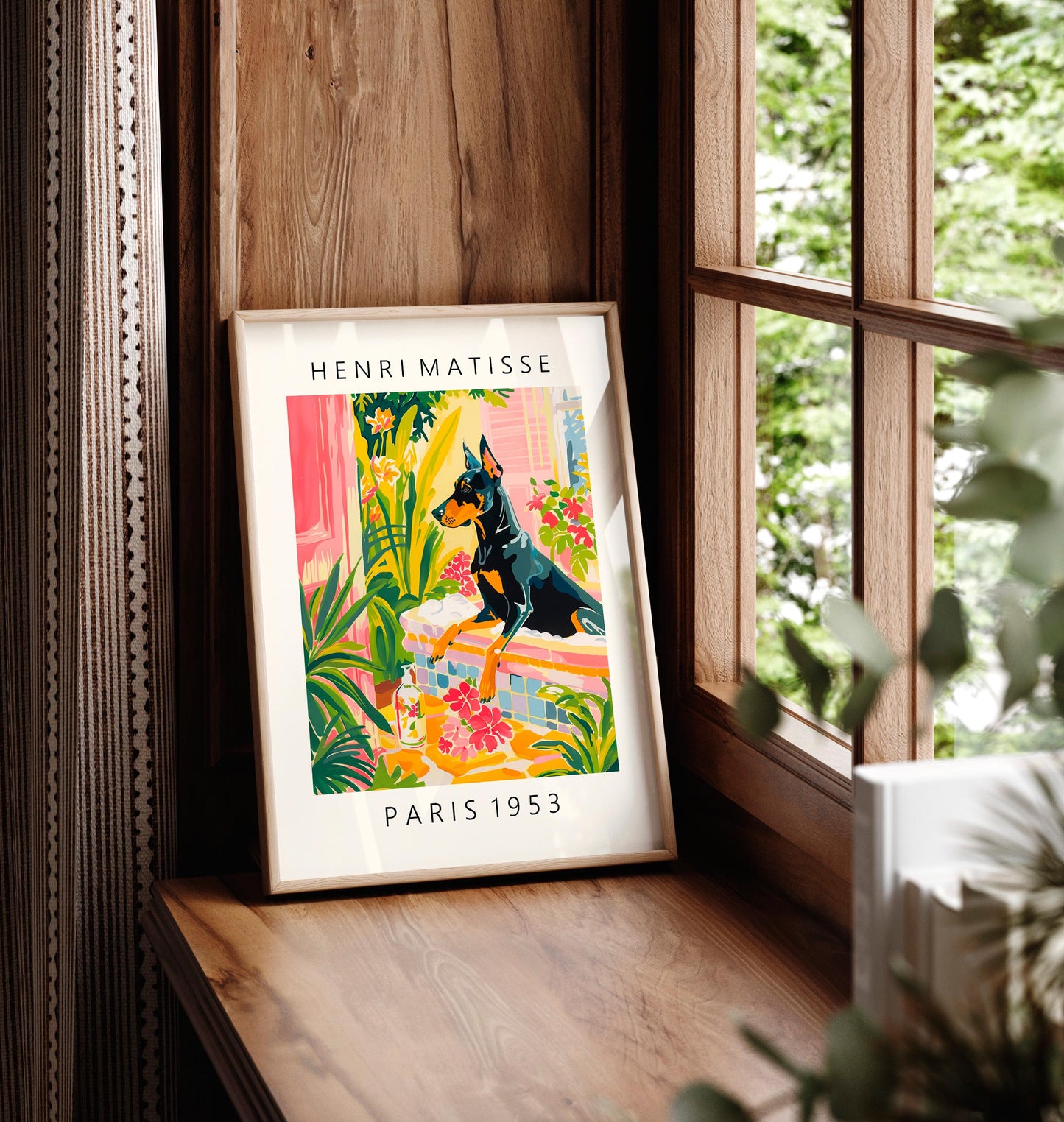 Doberman in Bathtub Art Print: Funny Dog Bathroom Poster