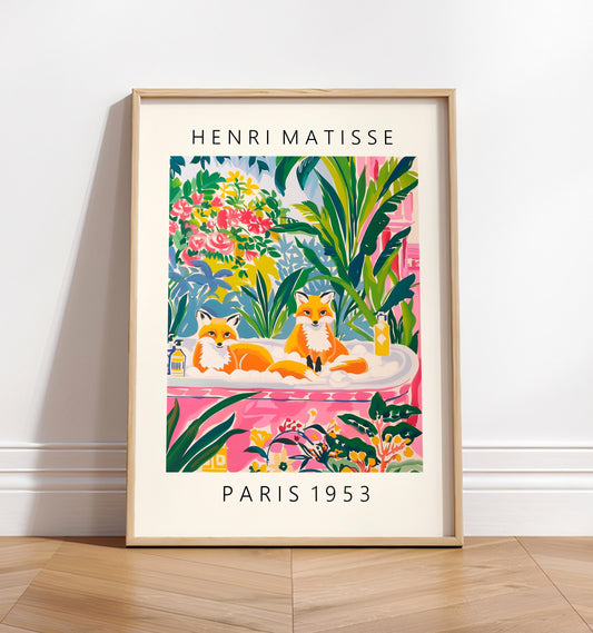 Foxes in Bathtub Art Print: Funny Bathroom Decor in Matisse Style