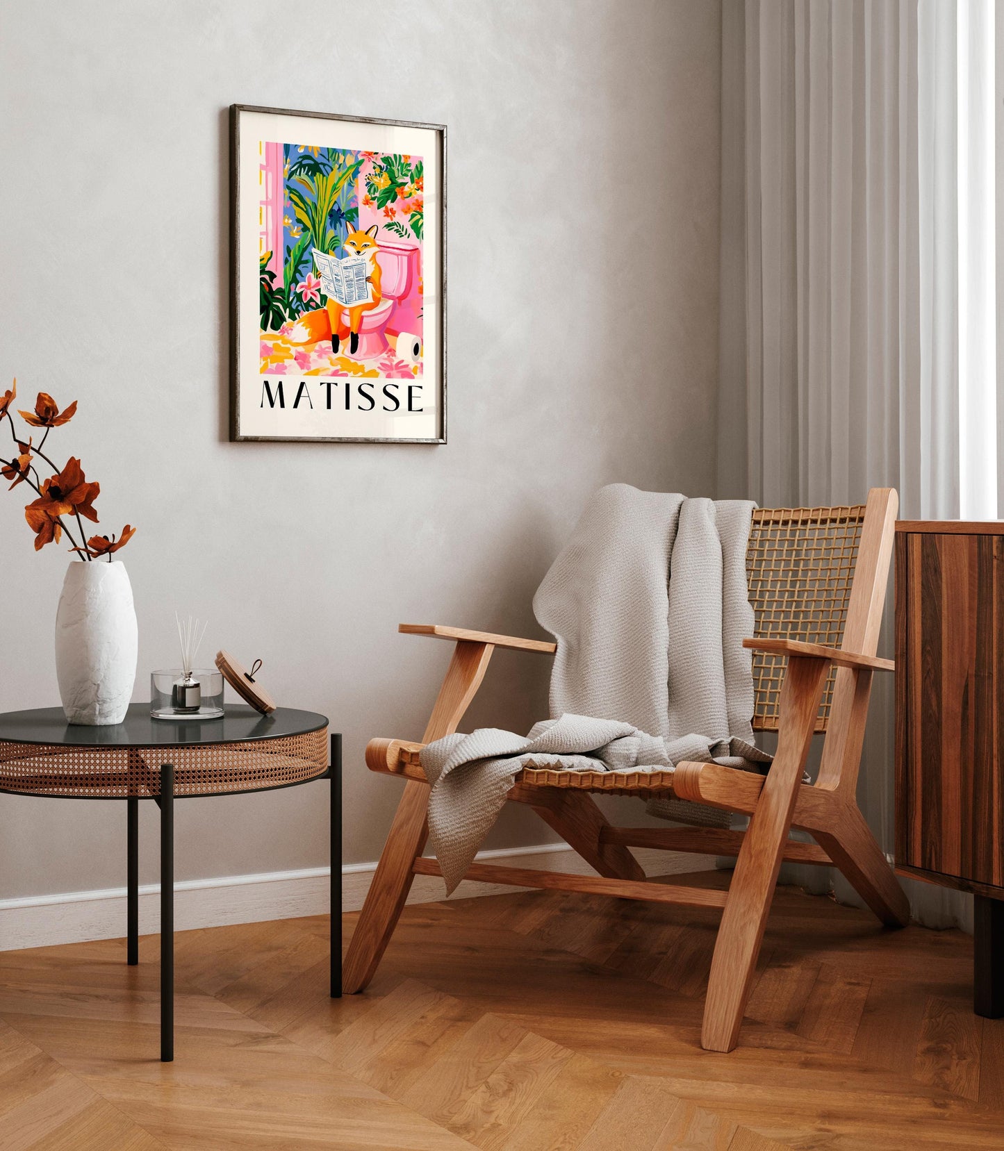 Funny Fox on Toilet Bathroom Print: Matisse Style Animal Wall Art
