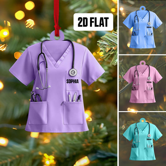 Personalized Nurse Scrubs 2D Flat Ornament, Custom Name Nurse Uniform Car Ornament, Nurse Gift For Nurse Flat Ornament, Stethoscope Nurse