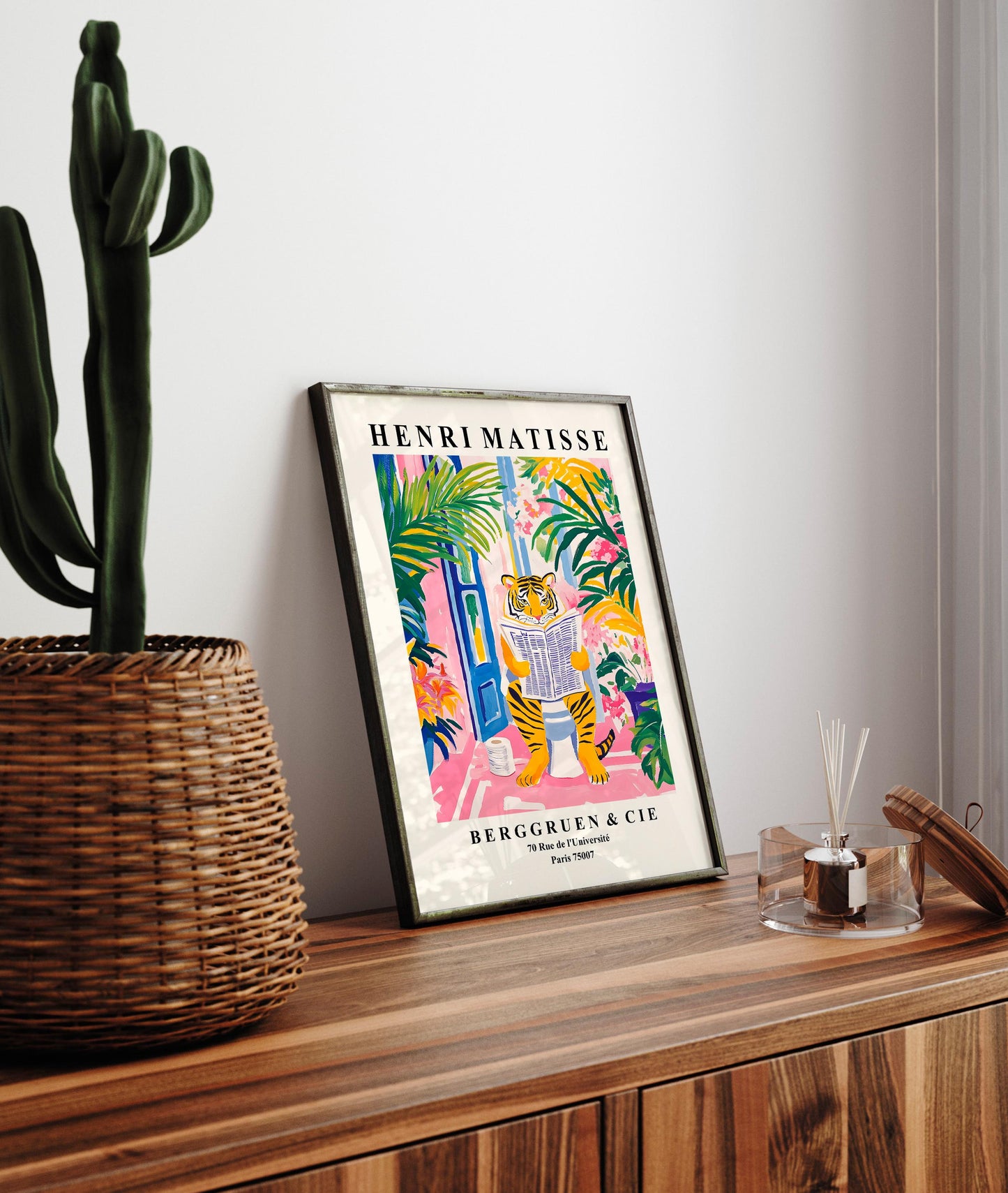 Funny Tiger Bathroom Print: Matisse Style Pink Decor