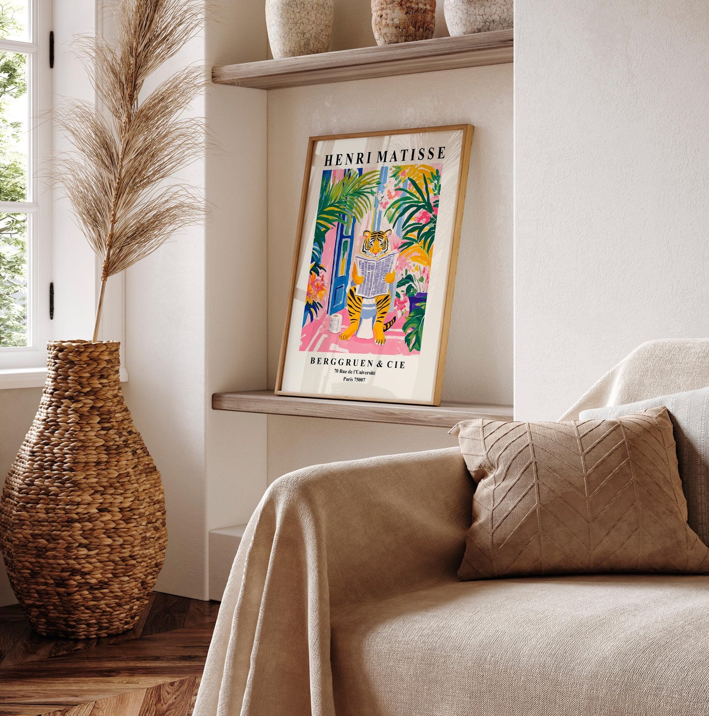 Funny Tiger Bathroom Print: Matisse Style Pink Decor