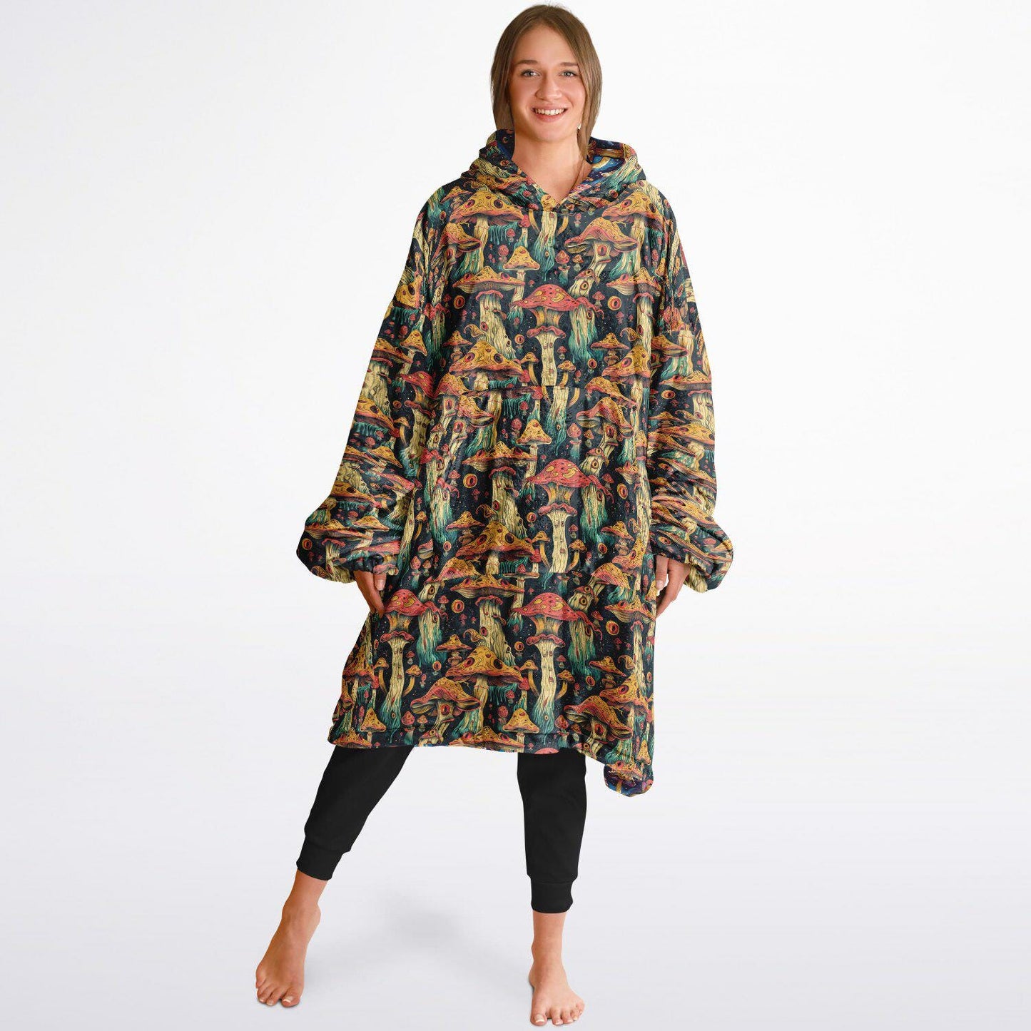 Psychedelic Trippy  Magic Mushrooms Reversible Snug Hoodie, Pullover Hood Blanket Sleeves, Lounge Wear,Fun Christmas Gifts, Festival Clothes