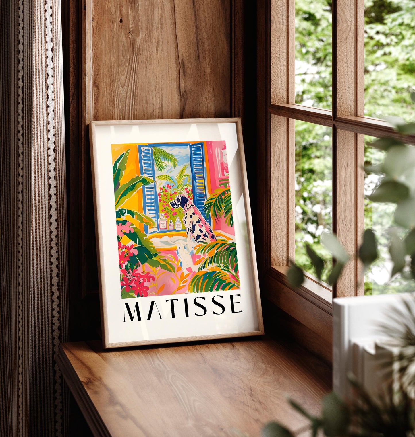 Great Dane in bathtub, Funny bathroom wall art, Dog art print, Matisse print for dog lovers, Pink dopamine decor