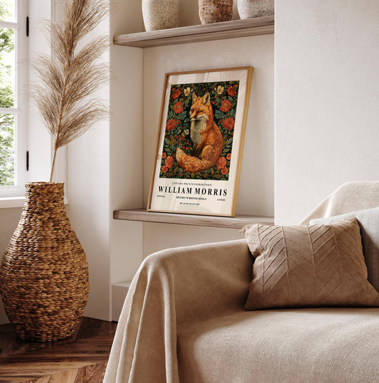 William Morris fox print, Botanical wall art, Dark Cottagecore decor, Mid century exhibition poster