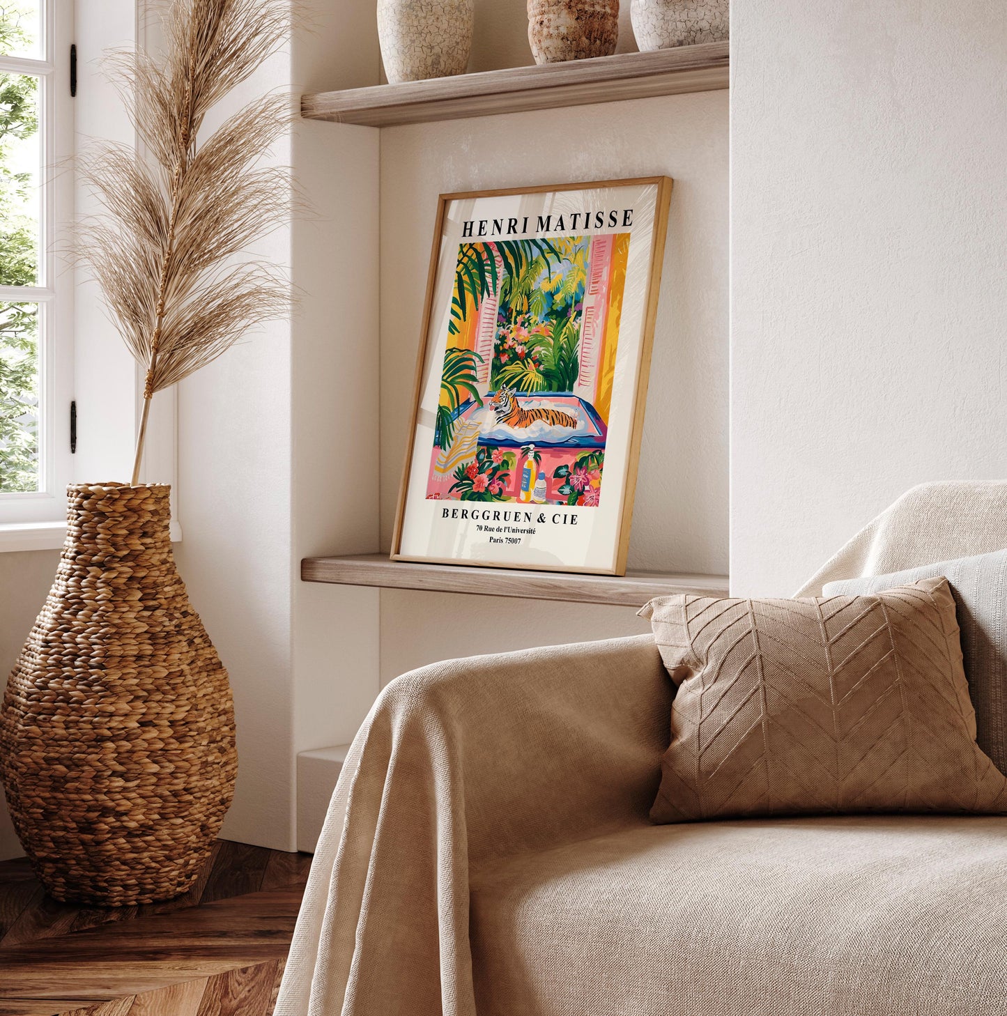 Tiger in Bathtub Art Print: Funny Matisse Style Bathroom Decor