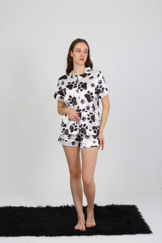 Dog Paw Print Satin Pajama Set | Button-Up Shirt- Shorts | Soft- Stylish Sleepwear | Perfect for Homewear Comfort | Satin Pajama