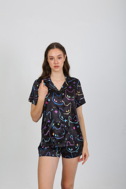 Black Satin Pajama Set with Vibrant Cat Paw Print - Short Sleeve Button-Up Shirt - Shorts - Stylish & Comfortable Loungewear for Home